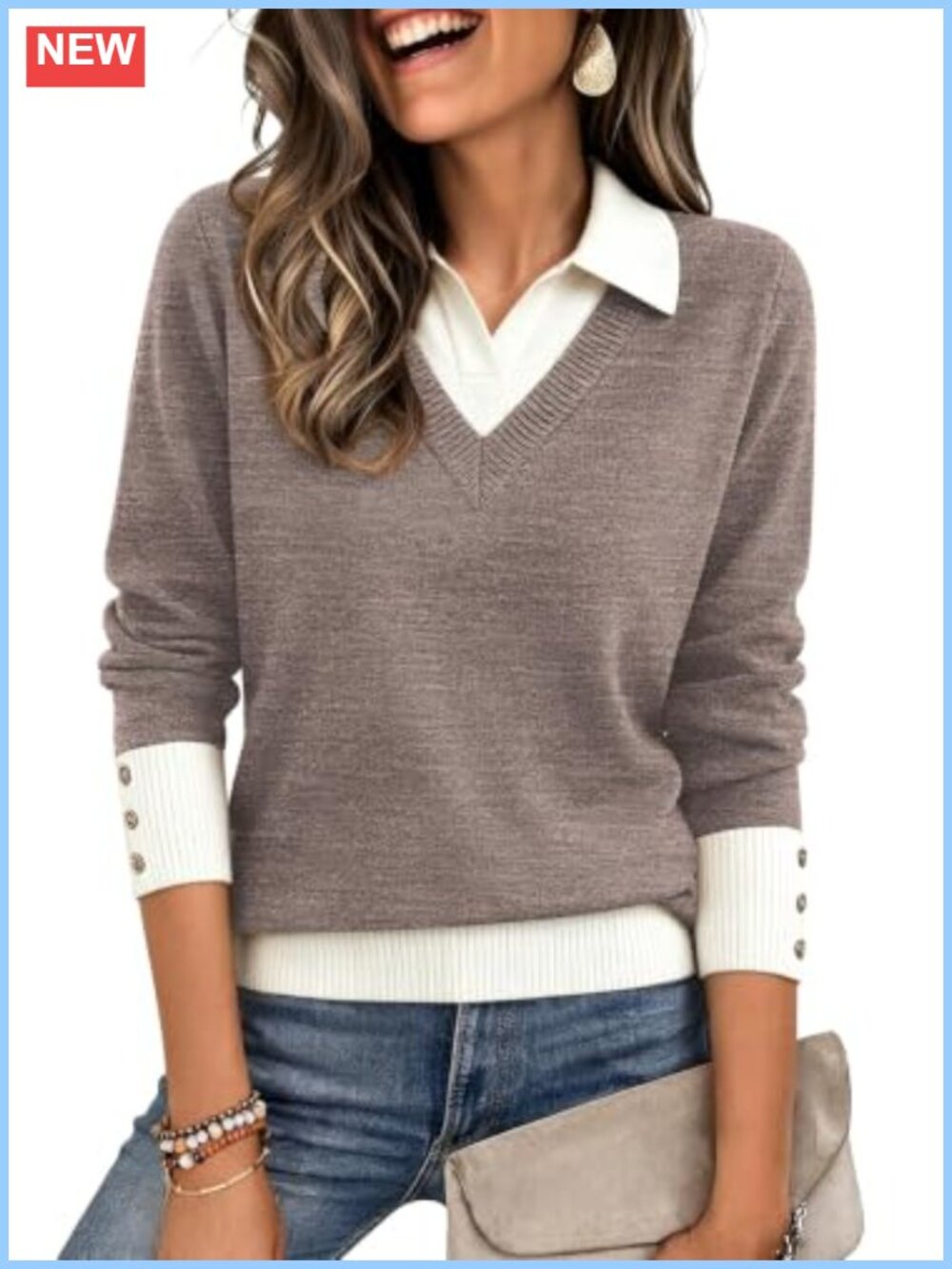 Womens Polo Sweater V Neck Collared Knit Golf Pullover Long Sleeve Fall